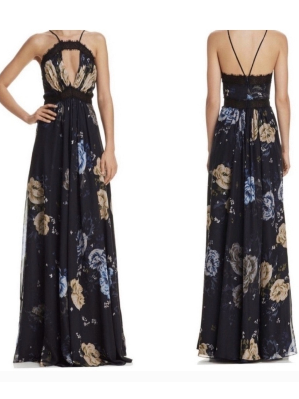 Jill Stuart Black Floral Maxi Dress with Blue and Cream Blooms